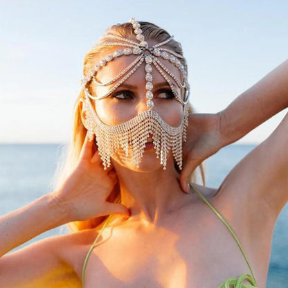 Rhinestone Tassel Veil Masquerade Face Chain Mask by HitMyNeed