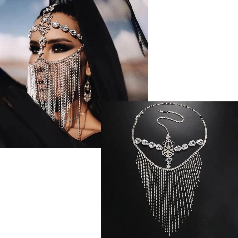 Rhinestone Tassel Veil Masquerade Face Chain Mask e-rhinestone-tassel-200003758 by HitMyNeed