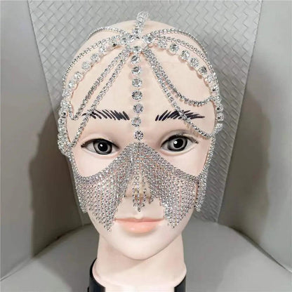 Rhinestone Tassel Veil Masquerade Face Chain Mask type-a-silver-color by HitMyNeed