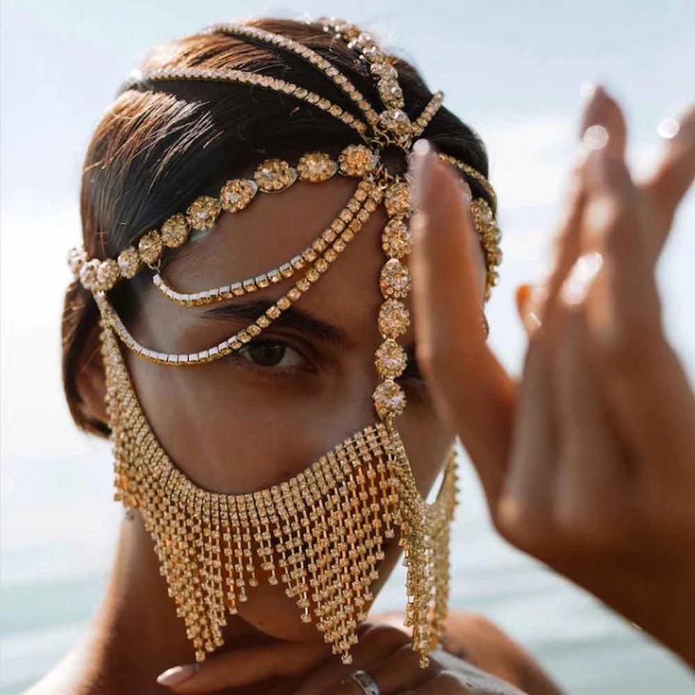 Rhinestone Tassel Veil Masquerade Face Chain Mask type-b-glod-color by HitMyNeed