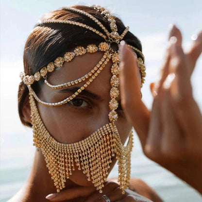 Rhinestone Tassel Veil Masquerade Face Chain Mask type-b-glod-color by HitMyNeed