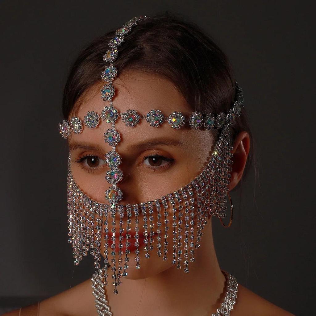 Rhinestone Tassel Veil Masquerade Face Chain Mask type-c-silver-color by HitMyNeed