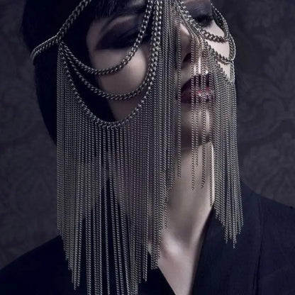 Rhinestone Tassel Veil Masquerade Face Chain Mask type-f-gun-gray by HitMyNeed