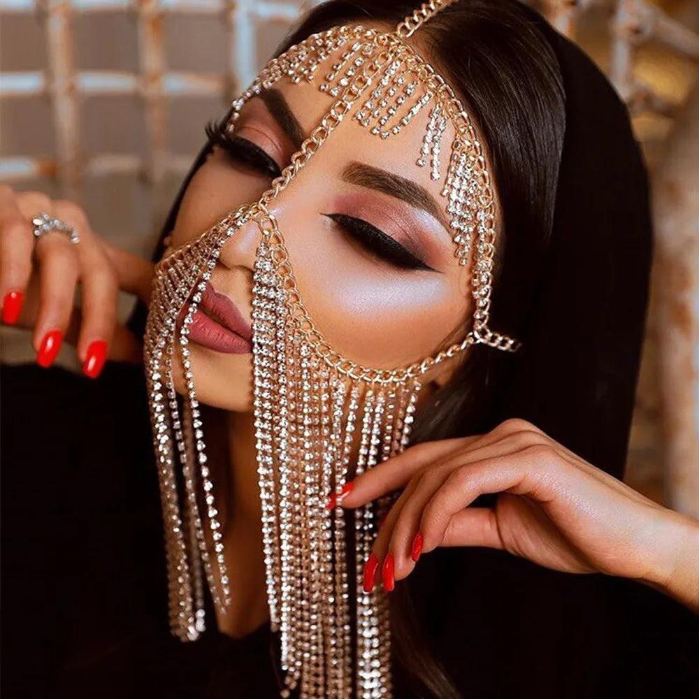 Rhinestone Tassel Veil Masquerade Face Chain Mask type-g-glod-color by HitMyNeed