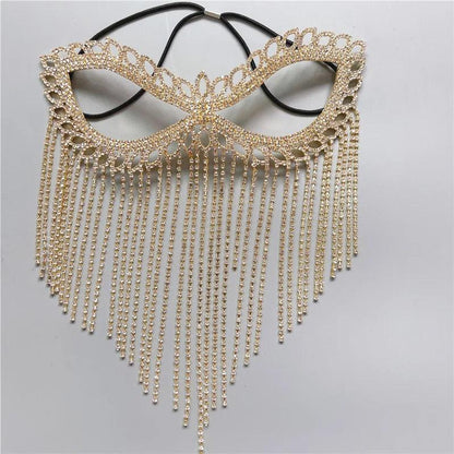 Rhinestone Tassel Veil Masquerade Face Chain Mask type-j-glod-color by HitMyNeed