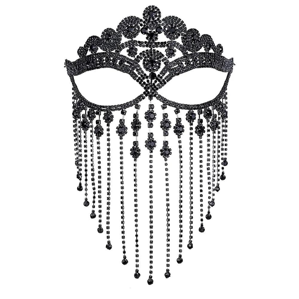 Rhinestone Tassel Veil Masquerade Face Chain Mask type-k-black by HitMyNeed