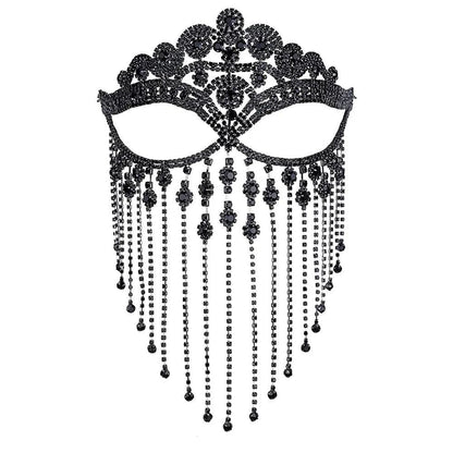Rhinestone Tassel Veil Masquerade Face Chain Mask type-k-black by HitMyNeed
