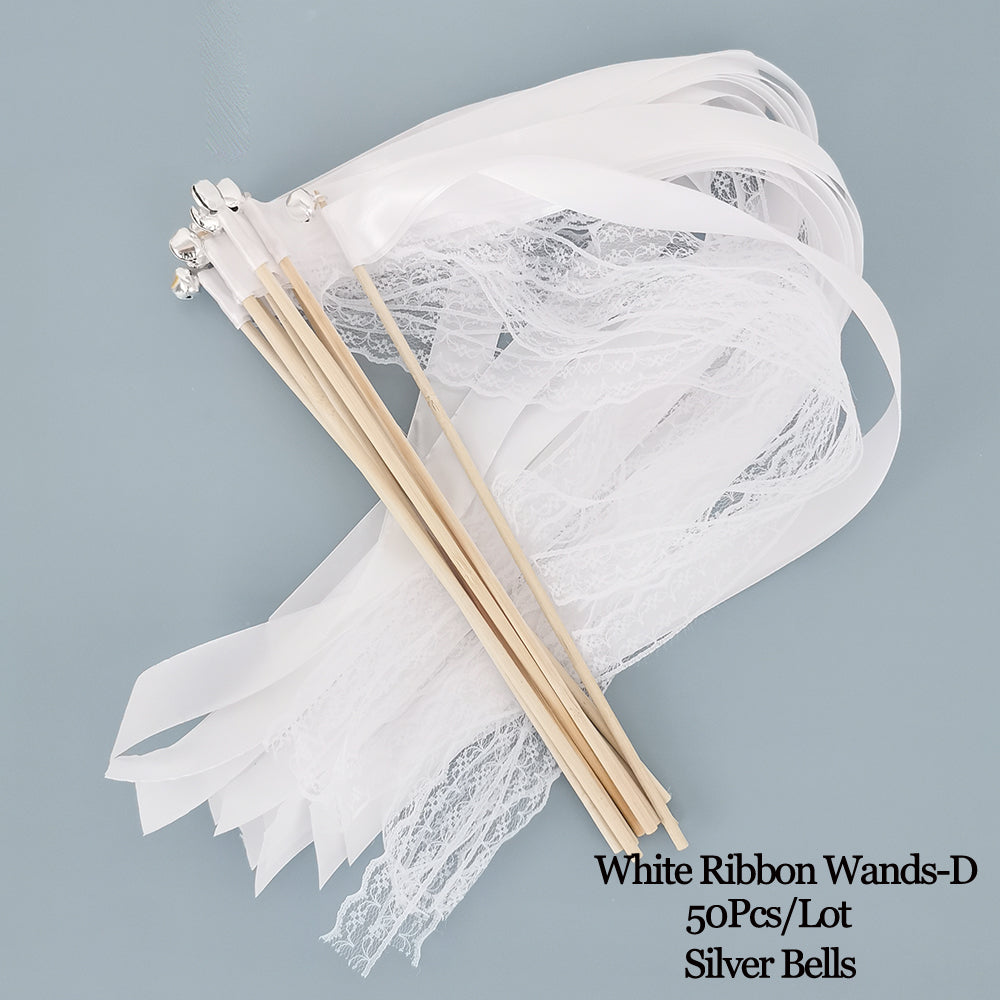 Ribbon Wedding Wands Set of 50 with Wooden Handles white-2ribbon-1lace by HitMyNeed