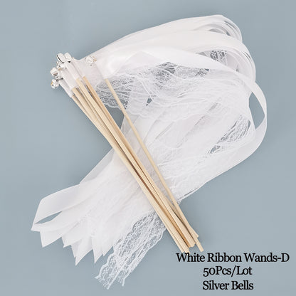 Ribbon Wedding Wands Set of 50 with Wooden Handles white-2ribbon-1lace by HitMyNeed