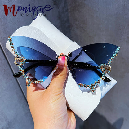 Rimless Butterfly Sunglasses with Rhinestones blue by HitMyNeed