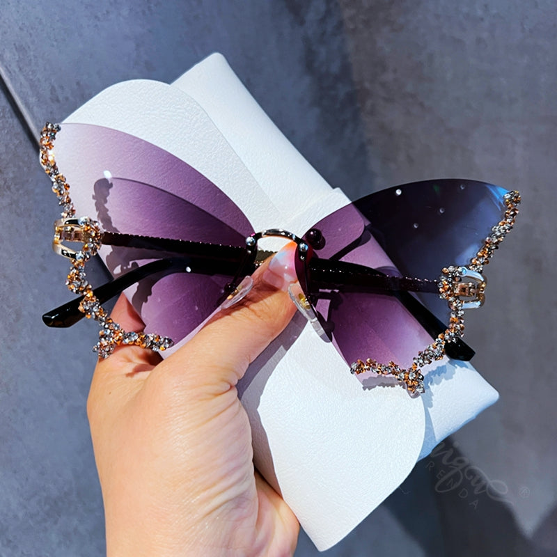 Rimless Butterfly Sunglasses with Rhinestones purple by HitMyNeed