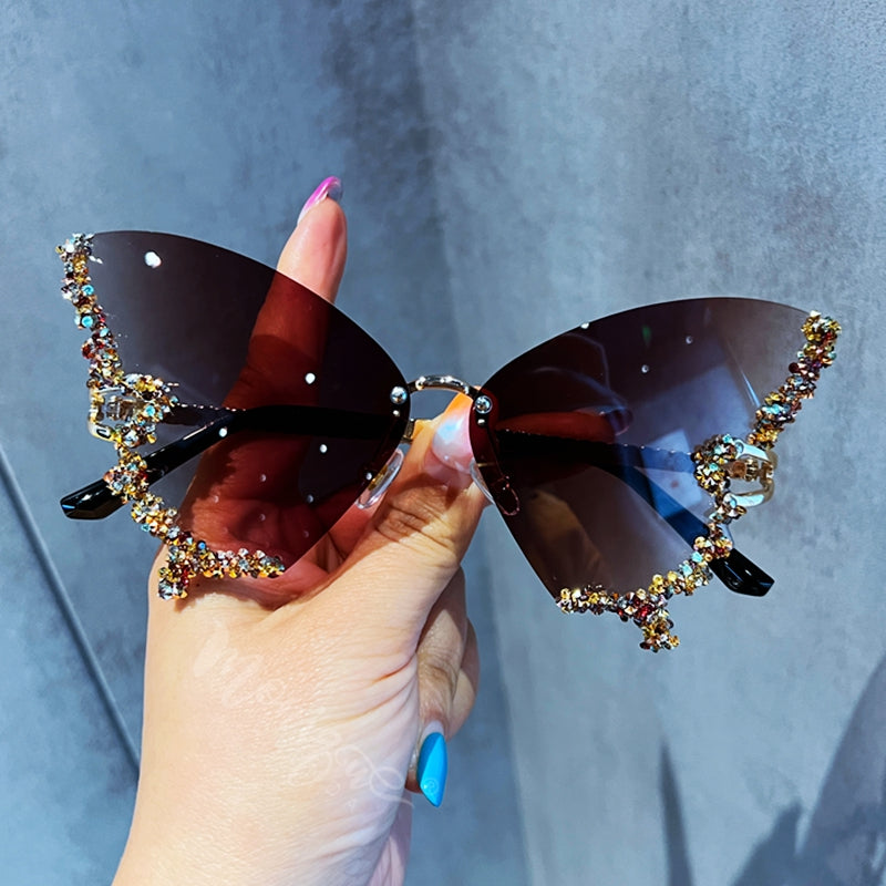 Rimless Butterfly Sunglasses with Rhinestones tea by HitMyNeed