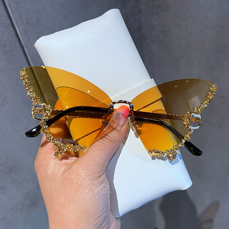 Rimless Butterfly Sunglasses with Rhinestones yellow by HitMyNeed