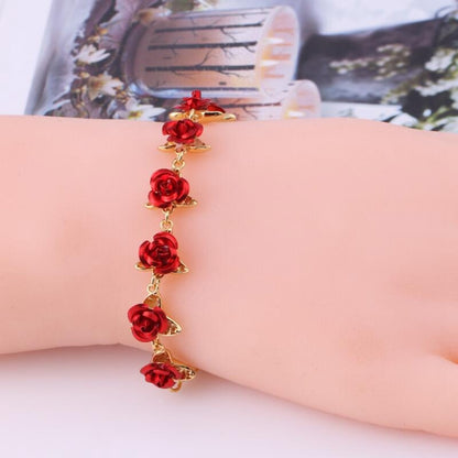 Rose Chain Bracelet with Red Rosettes by HitMyNeed