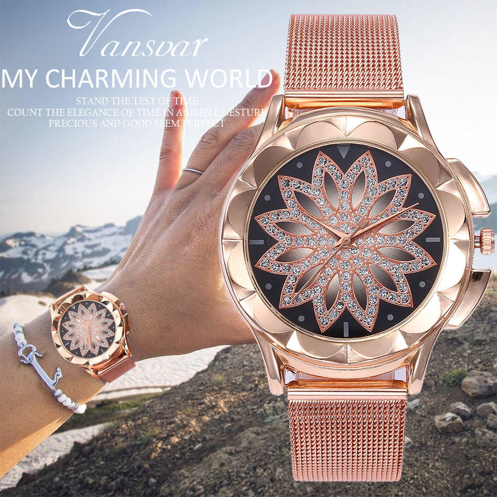 Rose Gold Women's Watch with Rhinestone Floral Dial by HitMyNeed