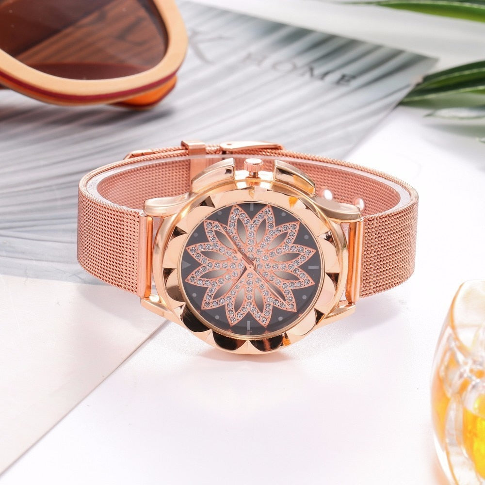 Rose Gold Women's Watch with Rhinestone Floral Dial by HitMyNeed