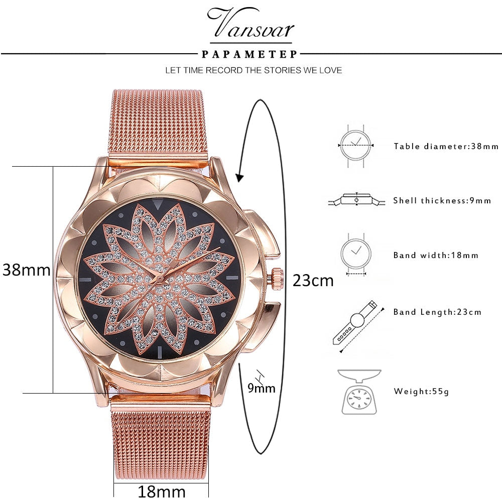 Rose Gold Women's Watch with Rhinestone Floral Dial by HitMyNeed