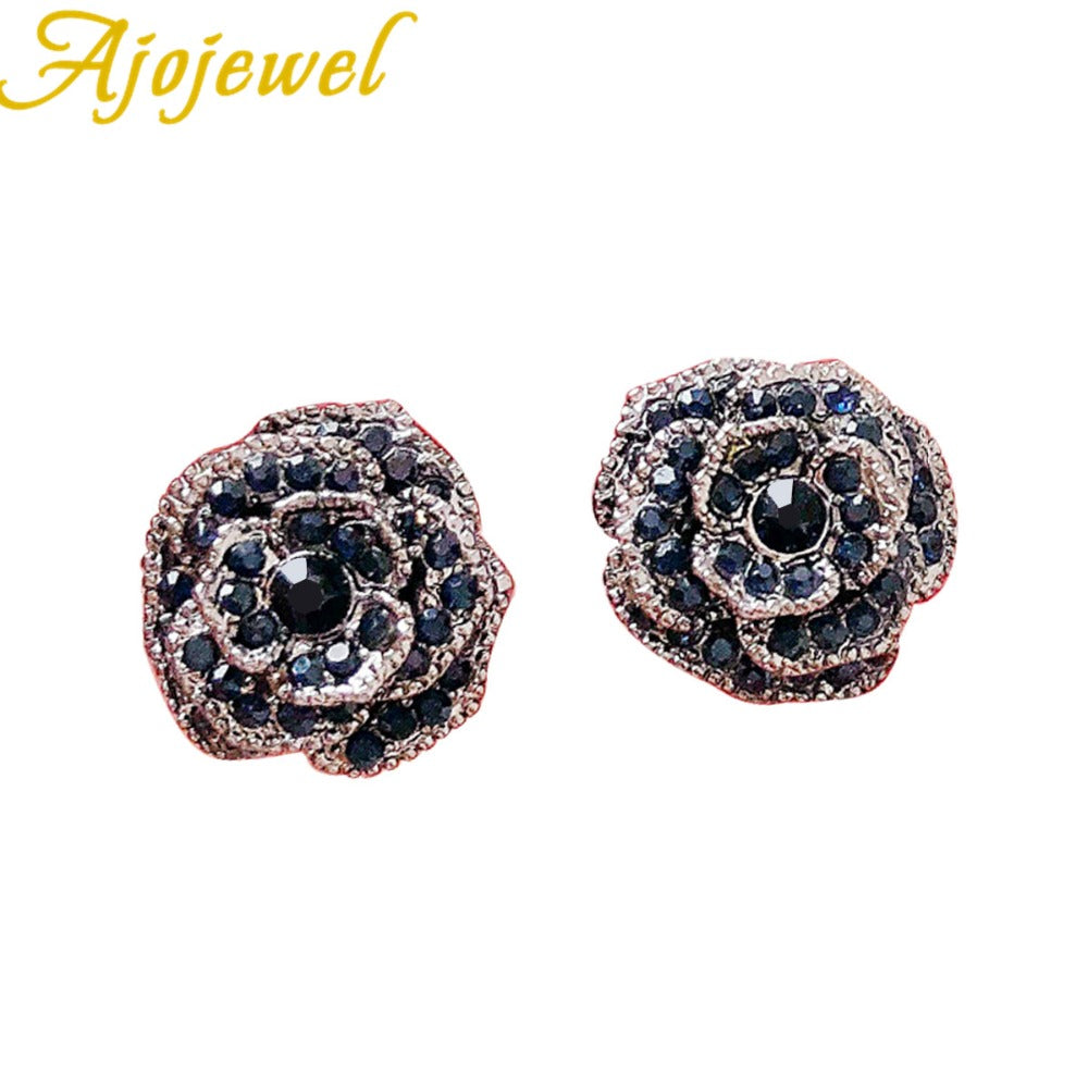 Rose Stud Earrings with Rhinestones and Silver Pins by HitMyNeed