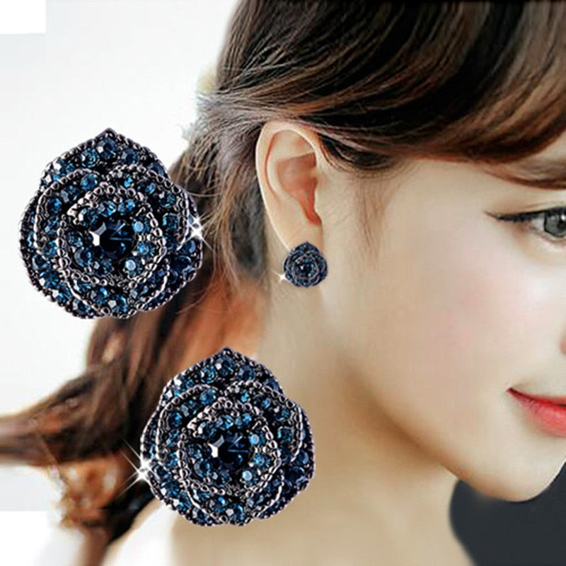 Rose Stud Earrings with Rhinestones and Silver Pins by HitMyNeed