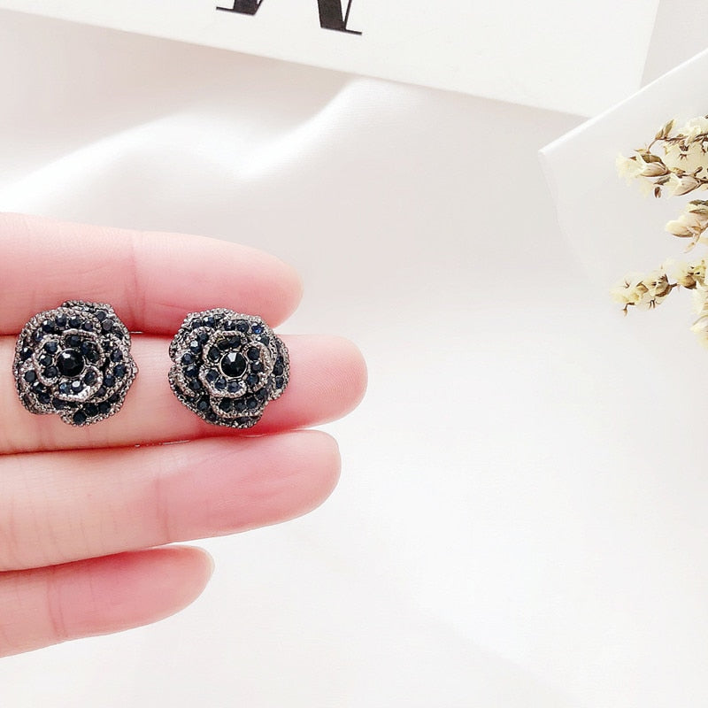 Rose Stud Earrings with Rhinestones and Silver Pins by HitMyNeed
