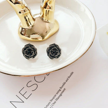 Rose Stud Earrings with Rhinestones and Silver Pins by HitMyNeed