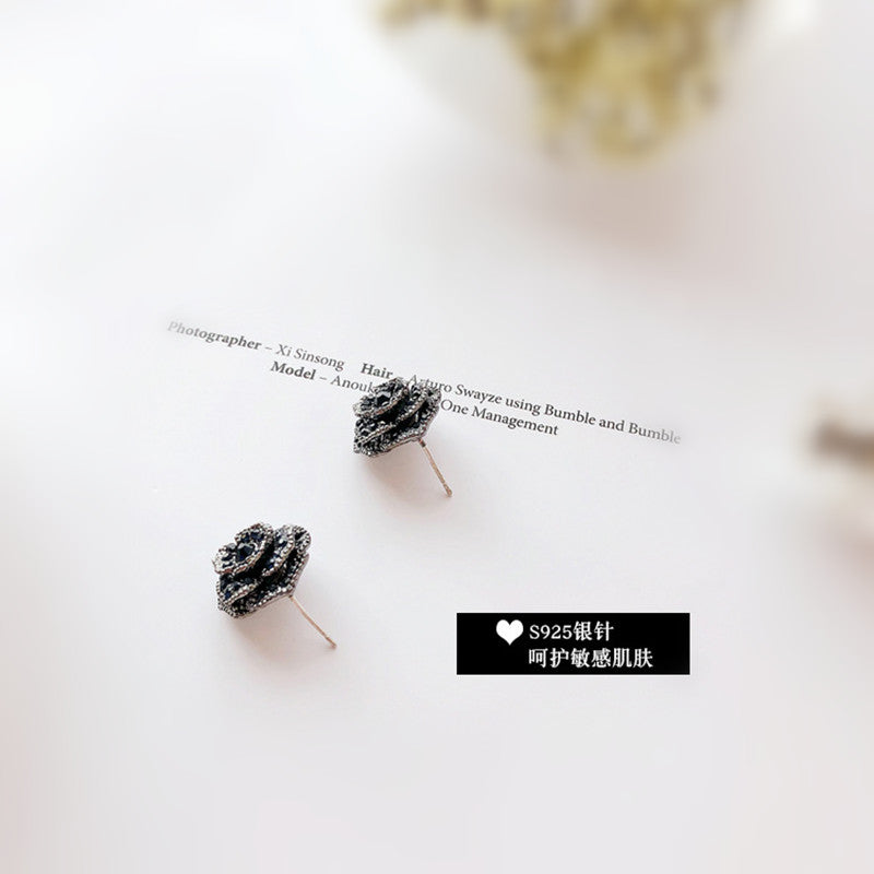 Rose Stud Earrings with Rhinestones and Silver Pins by HitMyNeed