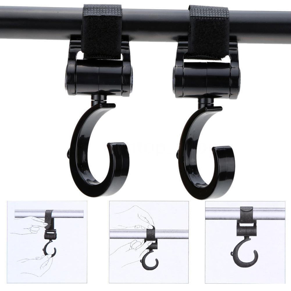 Rotatable Pram Bag Hooks (2pcs) with Velcro Straps by HitMyNeed