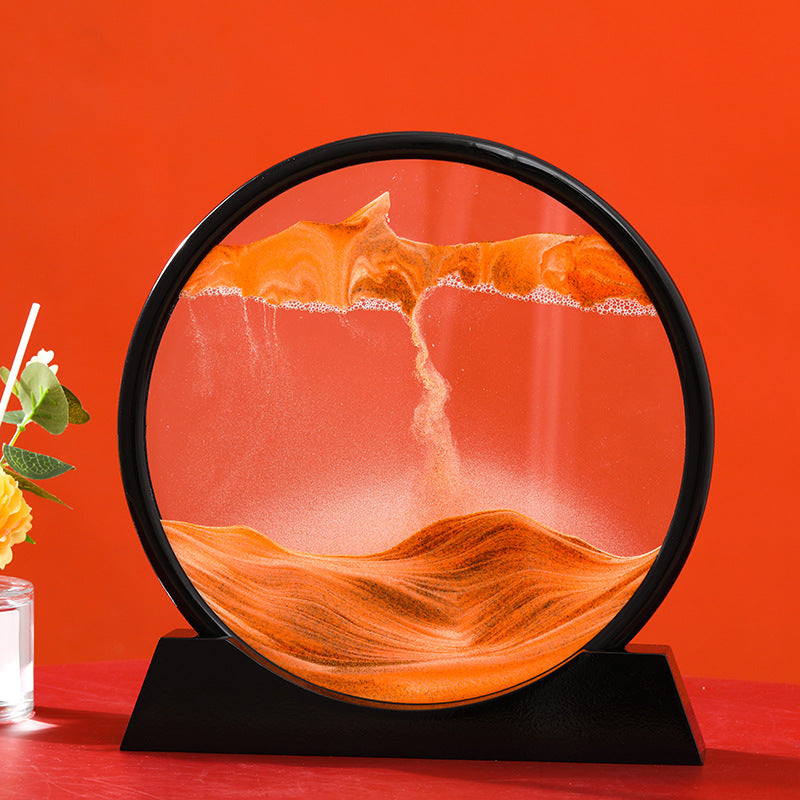 Round 3D Moving Sand Art Deep Sea Glass Decor black-base-orange 7-inch by HitMyNeed