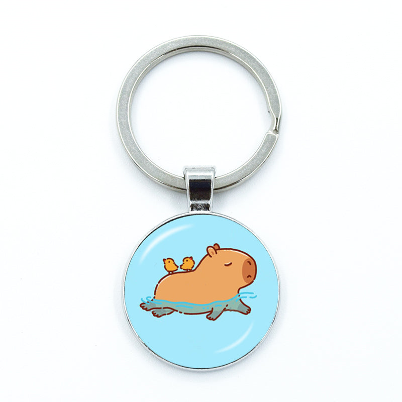 Round Metal Capybara Keychain with Glass Charm 1 by HitMyNeed