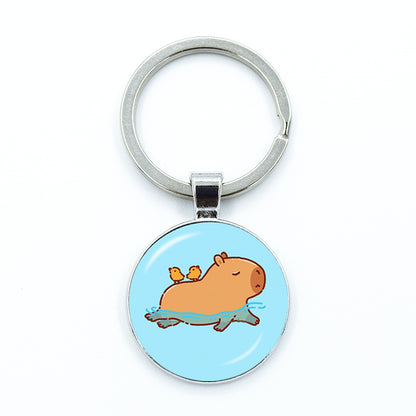 Round Metal Capybara Keychain with Glass Charm 1 by HitMyNeed