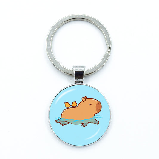 Round Metal Capybara Keychain with Glass Charm 1 by HitMyNeed