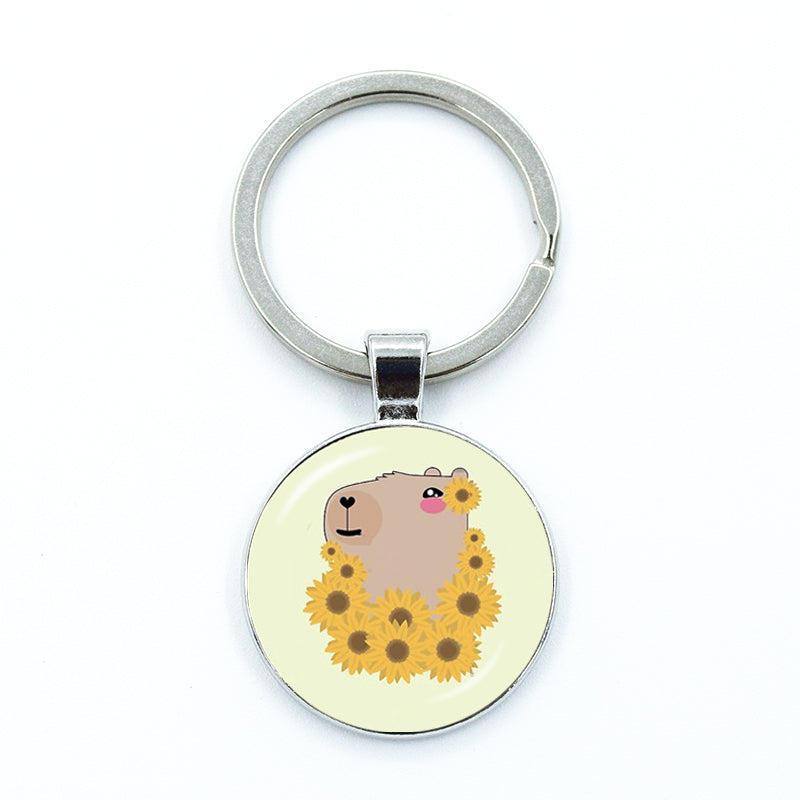 Round Metal Capybara Keychain with Glass Charm 13 by HitMyNeed