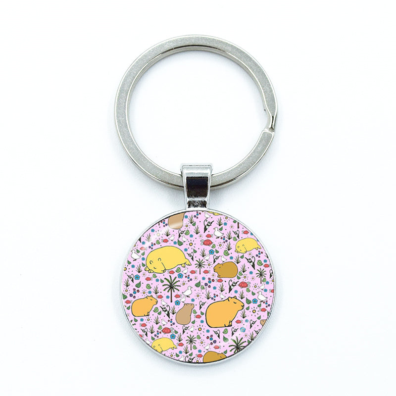 Round Metal Capybara Keychain with Glass Charm 14 by HitMyNeed