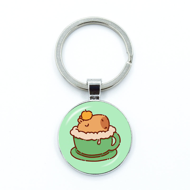 Round Metal Capybara Keychain with Glass Charm 19 by HitMyNeed