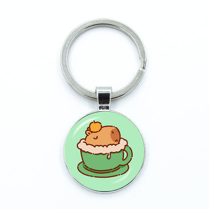Round Metal Capybara Keychain with Glass Charm 19 by HitMyNeed