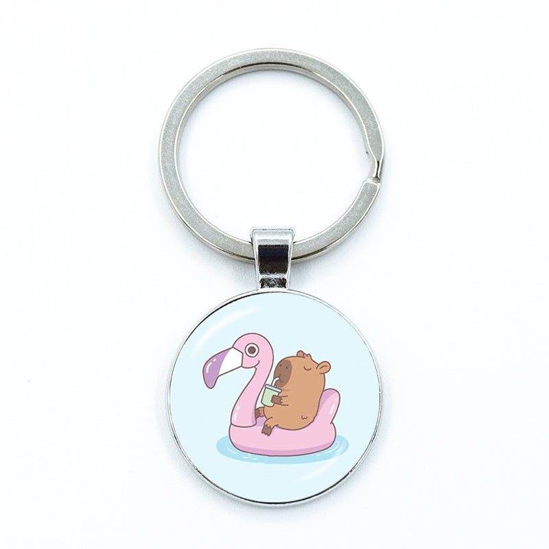 Round Metal Capybara Keychain with Glass Charm 20 by HitMyNeed