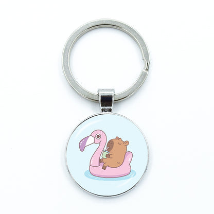 Round Metal Capybara Keychain with Glass Charm 20 by HitMyNeed