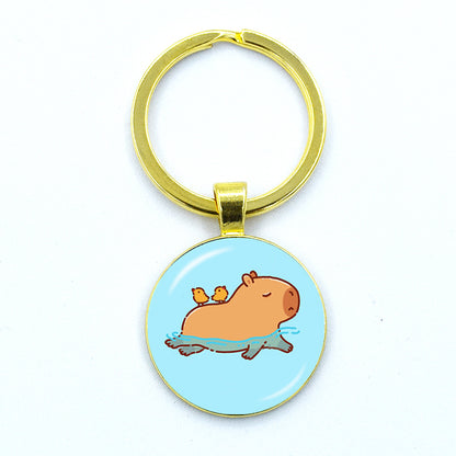 Round Metal Capybara Keychain with Glass Charm 21 by HitMyNeed