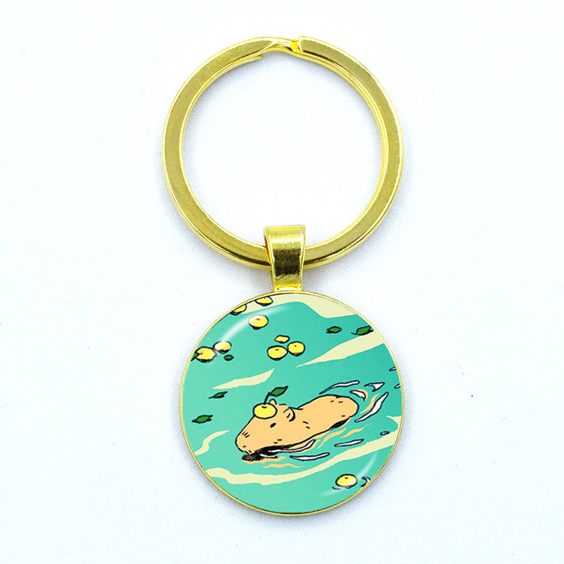 Round Metal Capybara Keychain with Glass Charm 22 by HitMyNeed