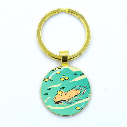 Round Metal Capybara Keychain with Glass Charm 22 by HitMyNeed