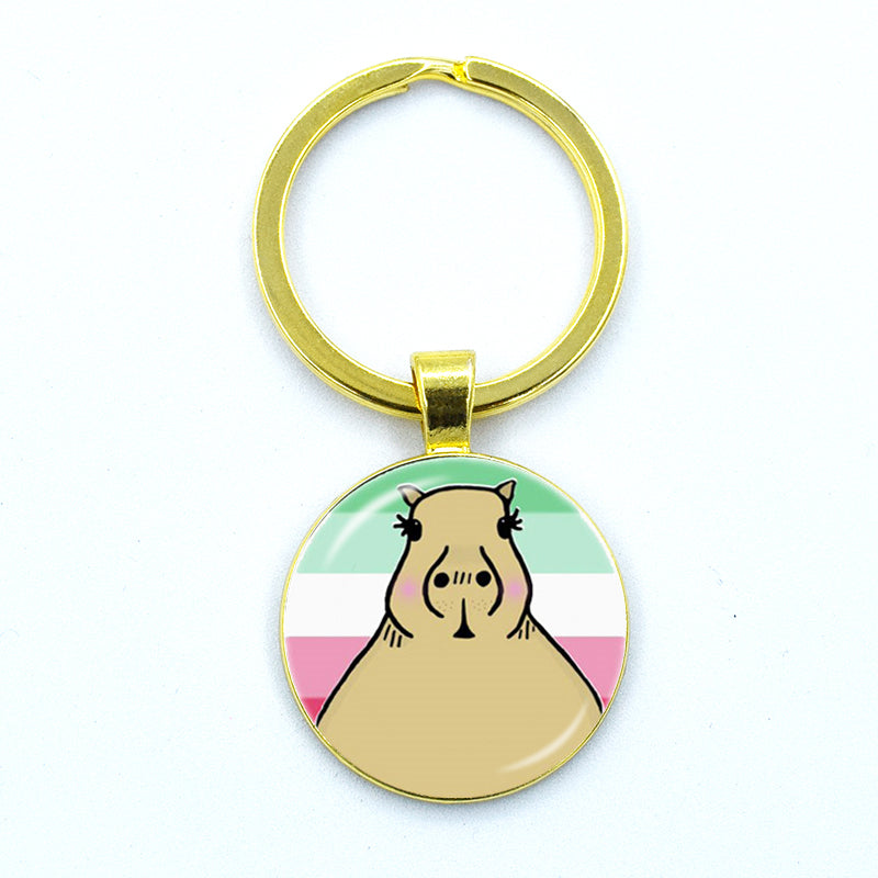 Round Metal Capybara Keychain with Glass Charm 23 by HitMyNeed