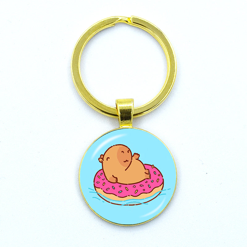 Round Metal Capybara Keychain with Glass Charm 25 by HitMyNeed