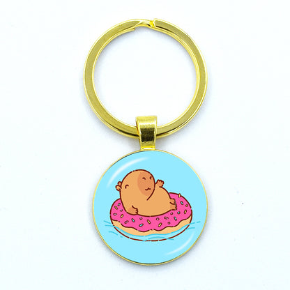 Round Metal Capybara Keychain with Glass Charm 25 by HitMyNeed