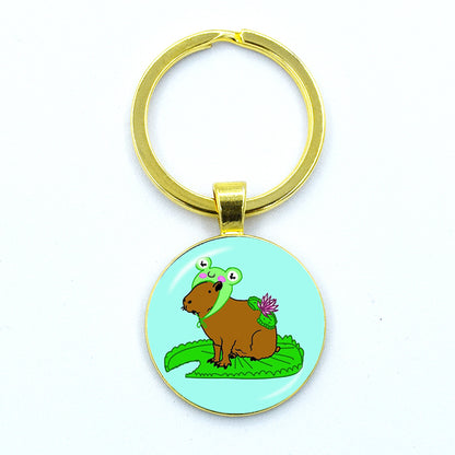 Round Metal Capybara Keychain with Glass Charm 26 by HitMyNeed