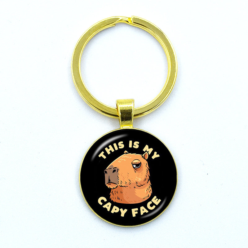 Round Metal Capybara Keychain with Glass Charm 27 by HitMyNeed