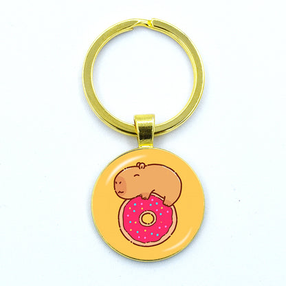Round Metal Capybara Keychain with Glass Charm 28 by HitMyNeed