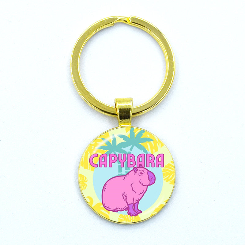 Round Metal Capybara Keychain with Glass Charm 29 by HitMyNeed