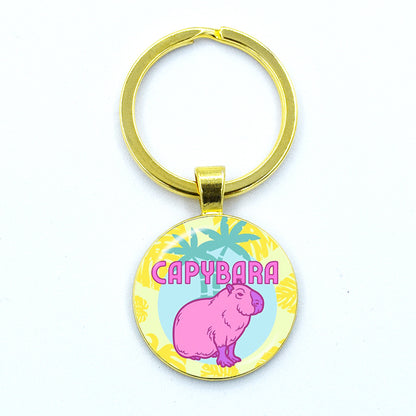 Round Metal Capybara Keychain with Glass Charm 29 by HitMyNeed