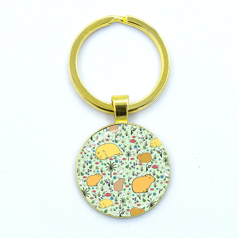 Round Metal Capybara Keychain with Glass Charm 31 by HitMyNeed