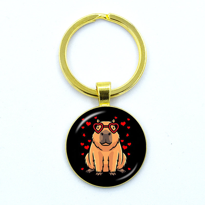 Round Metal Capybara Keychain with Glass Charm 32 by HitMyNeed